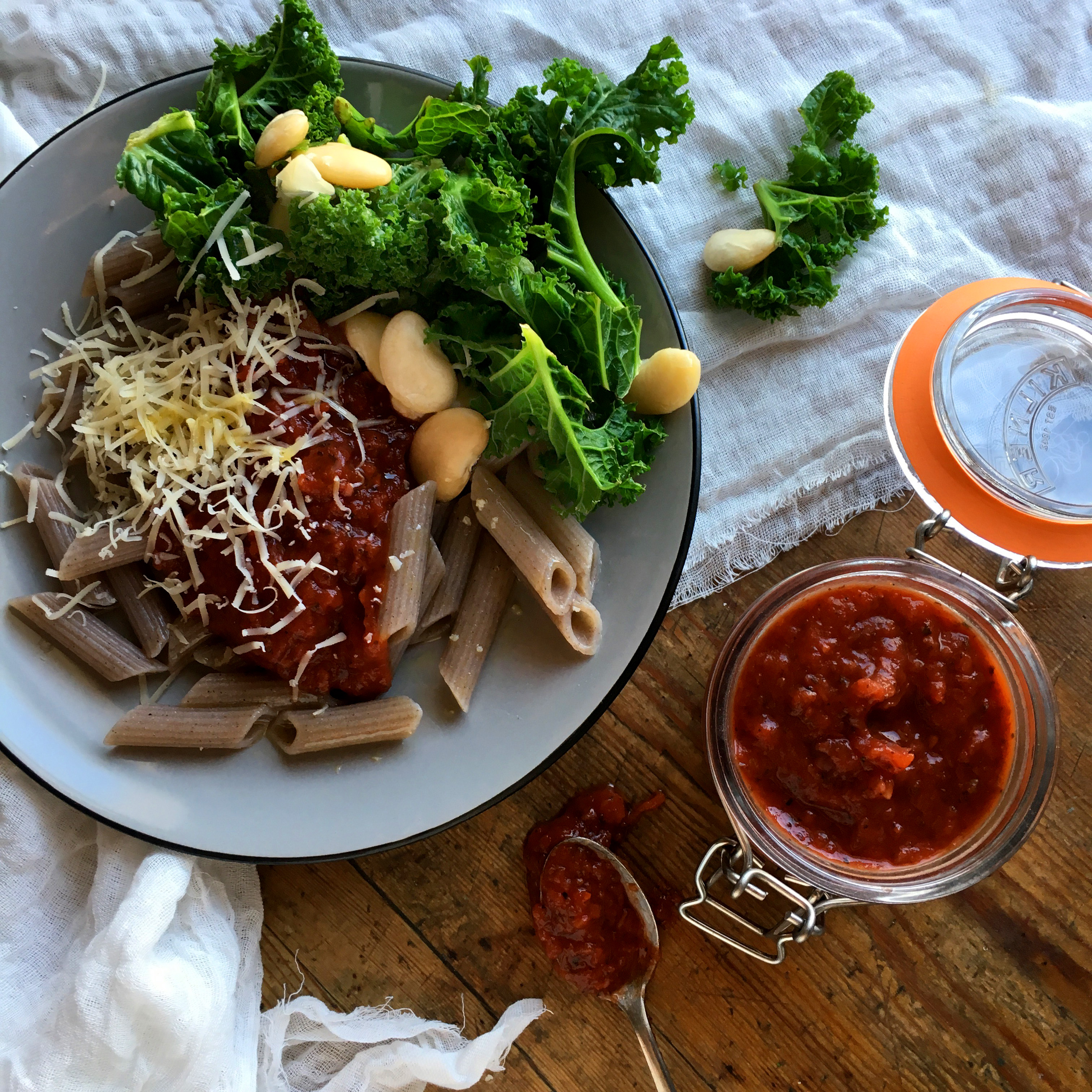 Tomato Penne with Greens & Beans