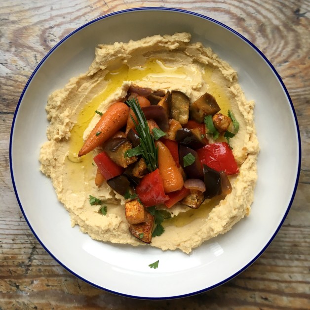 Roasted vegetable hummus bowls