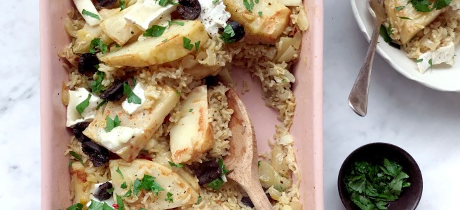 Celeriac baked rice with goats cheese